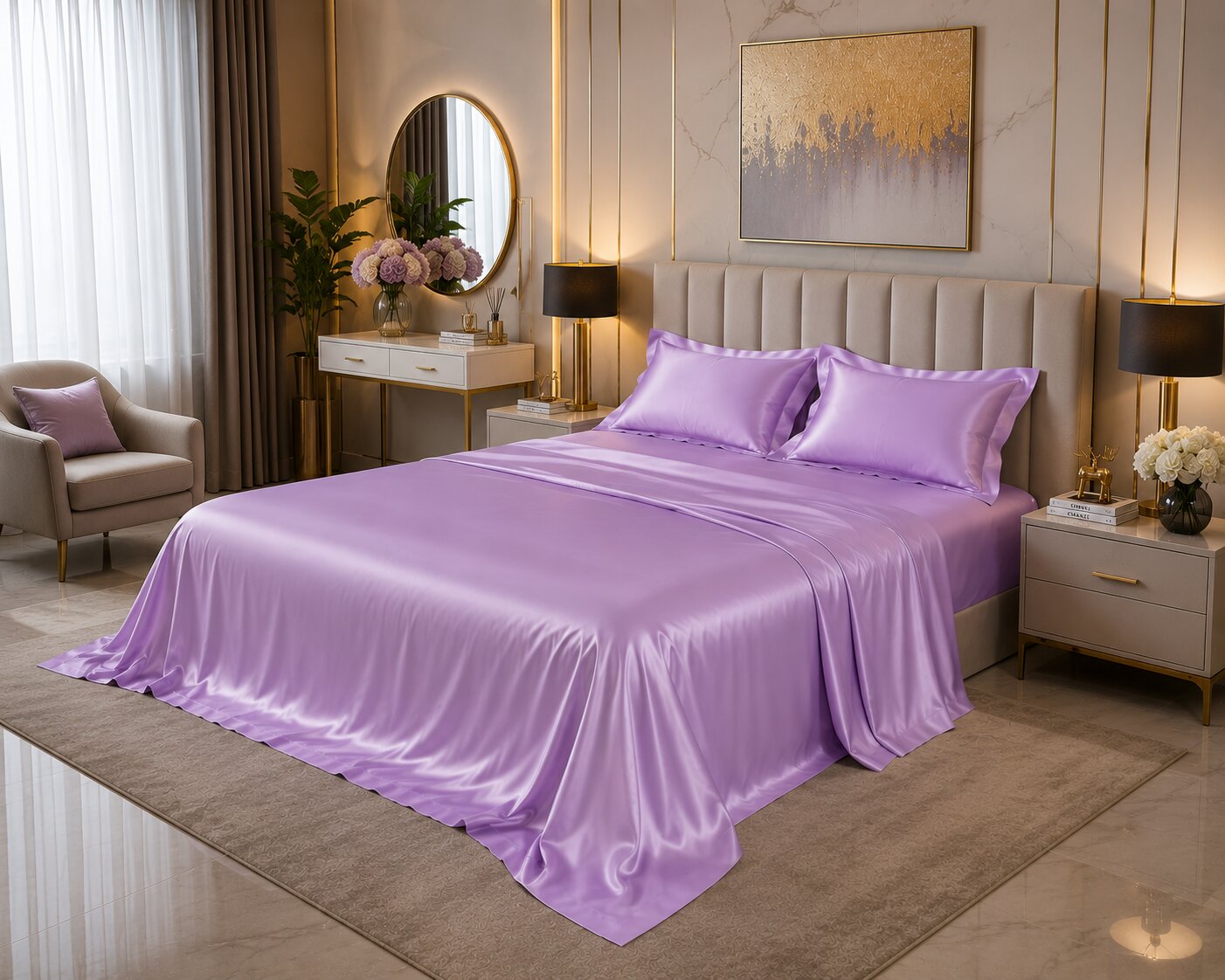 Lavender Satin Flat Bedsheet Set | Double Bed | 1 Sheet + 2 Pillow Covers