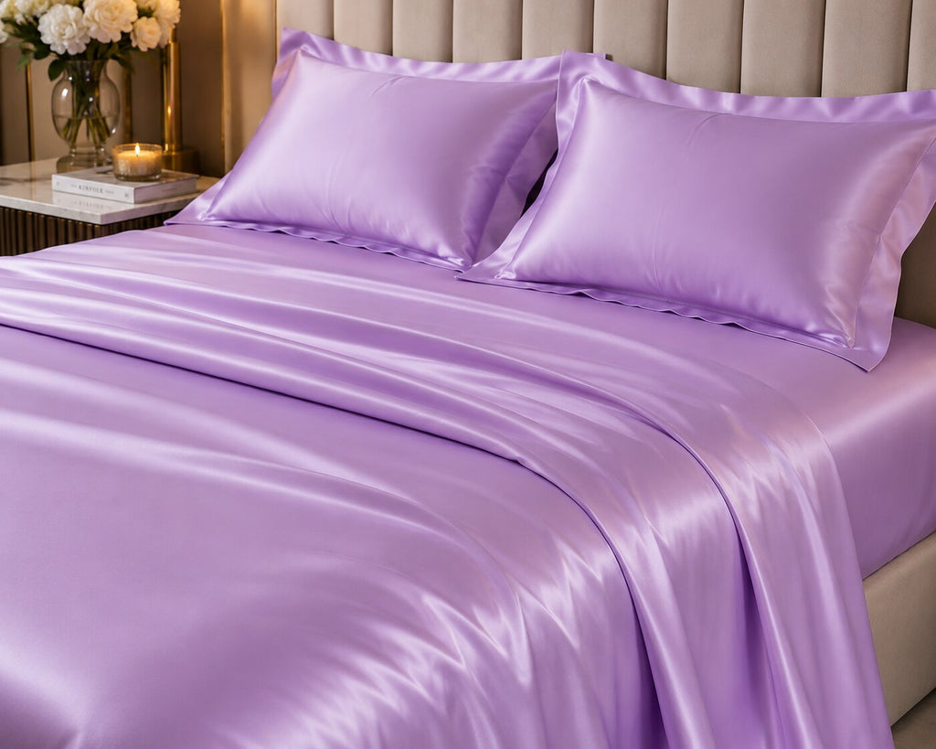 Lavender Satin Flat Bedsheet Set | Double Bed | 1 Sheet + 2 Pillow Covers