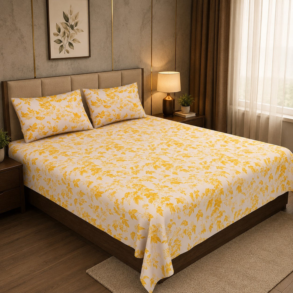 Yellow Leafy Vine Floral Pure Cotton King Size Bedsheet