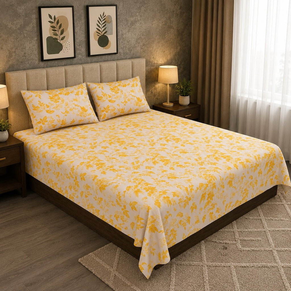Yellow Leafy Vine Floral Pure Cotton King Size Bedsheet
