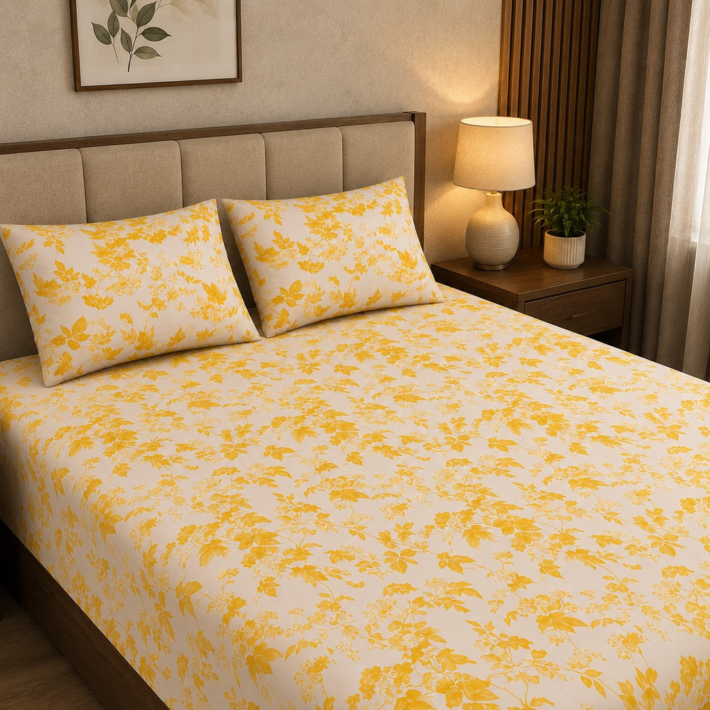 Yellow Leafy Vine Floral Pure Cotton King Size Bedsheet