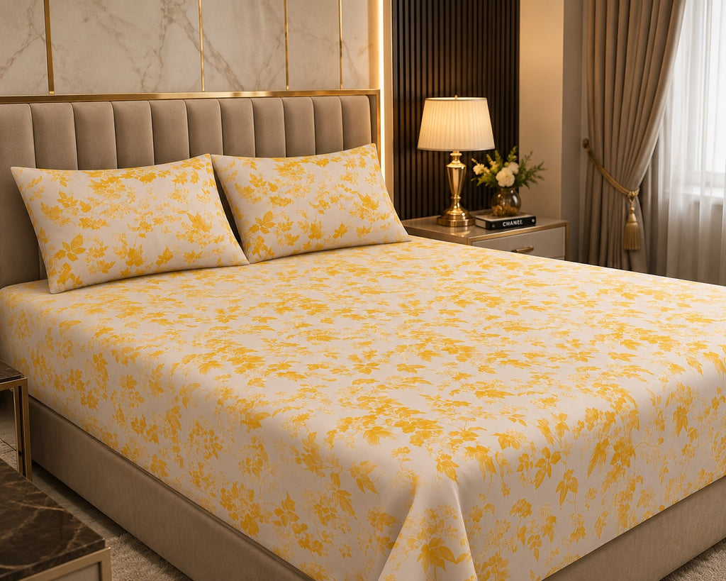 Yellow Leafy Vine Floral Pure Cotton King Size Bedsheet