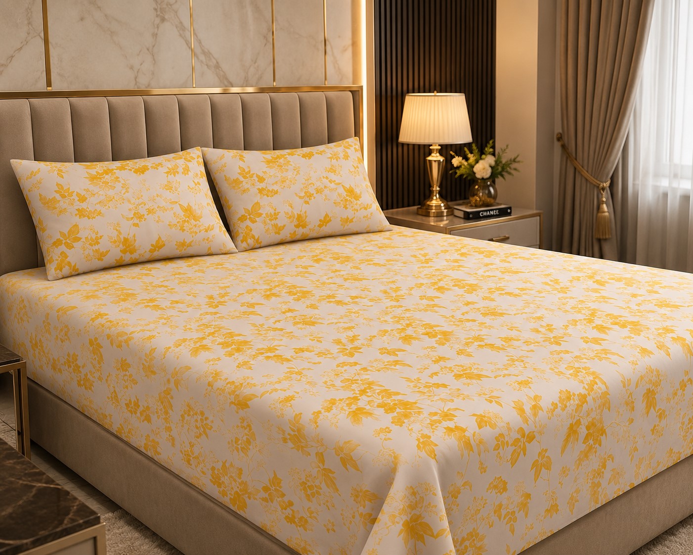 Yellow Leafy Vine Floral Pure Cotton King Size Bedsheet