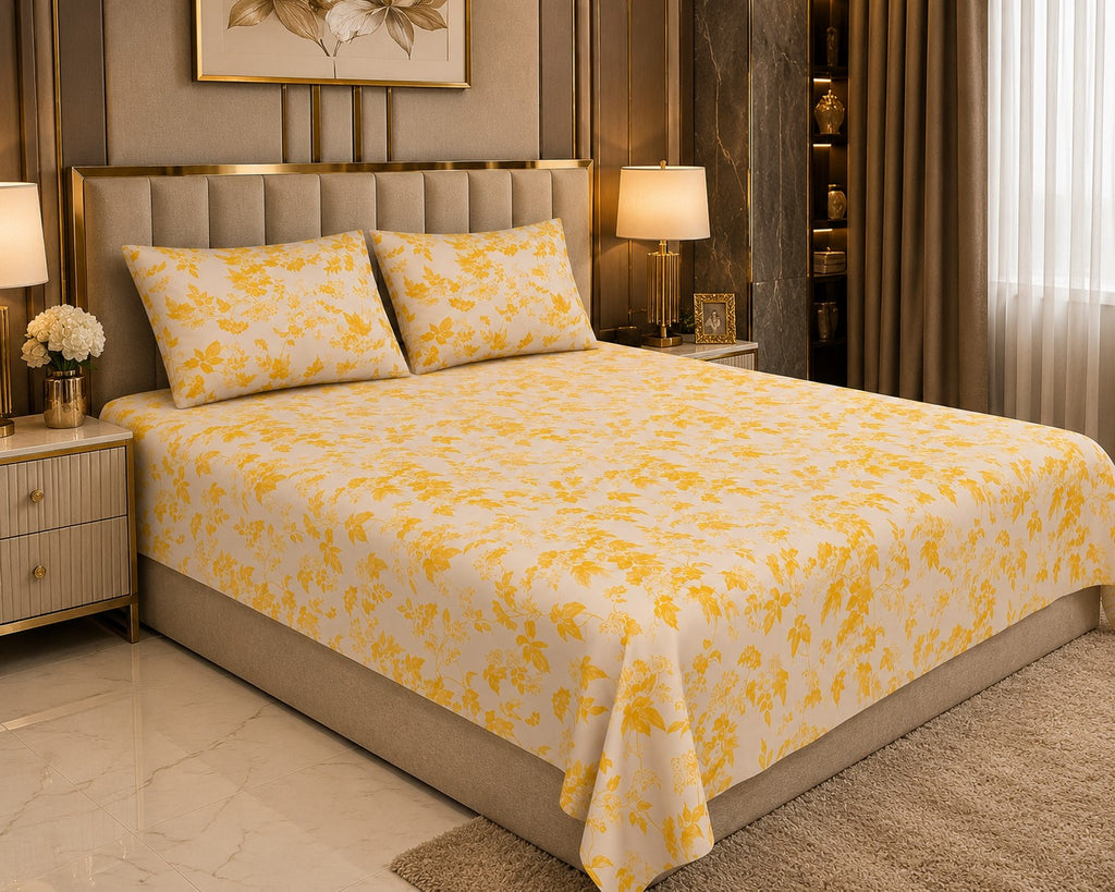 Yellow Leafy Vine Floral Pure Cotton King Size Bedsheet