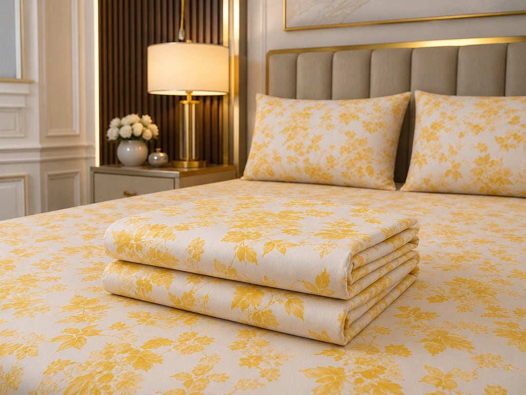 Yellow Leafy Vine Floral Pure Cotton King Size Bedsheet