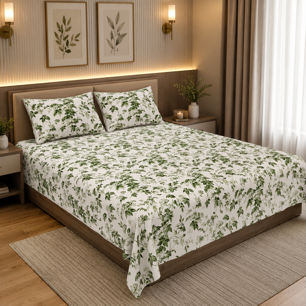 Green Leafy Vine Floral Pure Cotton King Size Bedsheet