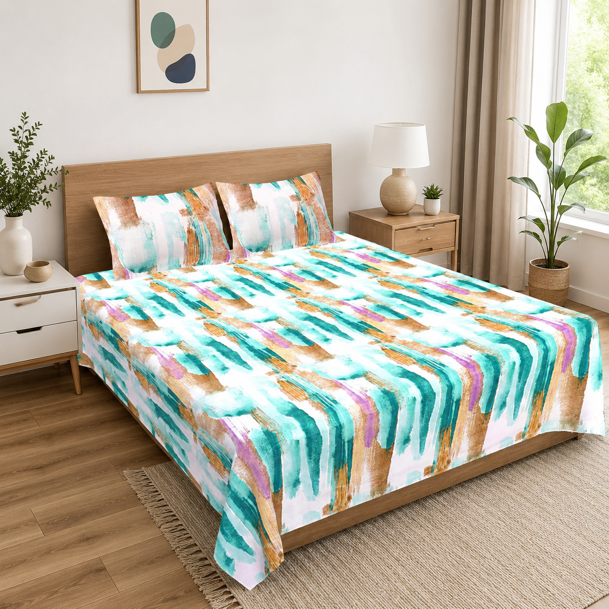MVB Aquamarine Painted Vista Double Bedsheet | Abstract Brush Print | 160TC Poly Cotton | With 2 Pillow Covers