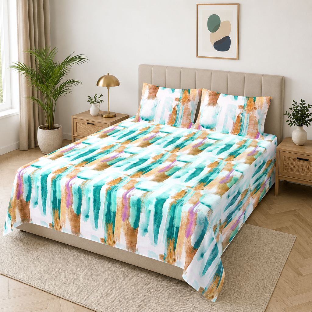 MVB Aquamarine Painted Vista Double Bedsheet | Abstract Brush Print | 160TC Poly Cotton | With 2 Pillow Covers