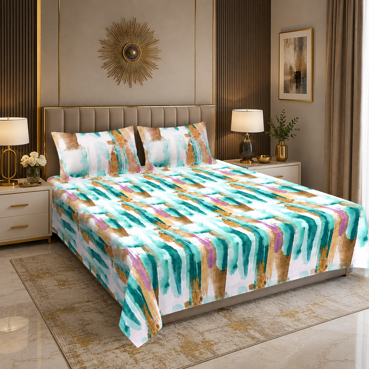MVB Aquamarine Painted Vista Double Bedsheet | Abstract Brush Print | 160TC Poly Cotton | With 2 Pillow Covers