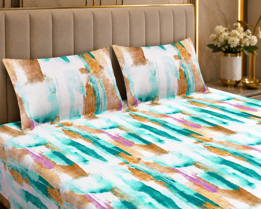 MVB Aquamarine Painted Vista Double Bedsheet | Abstract Brush Print | 160TC Poly Cotton | With 2 Pillow Covers