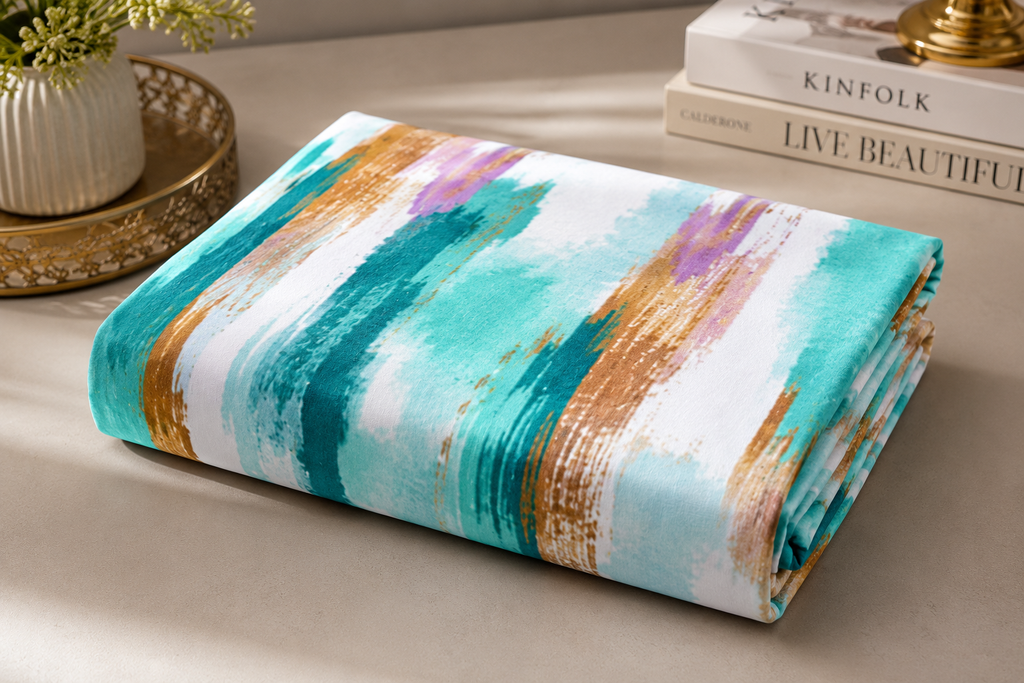 MVB Aquamarine Painted Vista Double Bedsheet | Abstract Brush Print | 160TC Poly Cotton | With 2 Pillow Covers