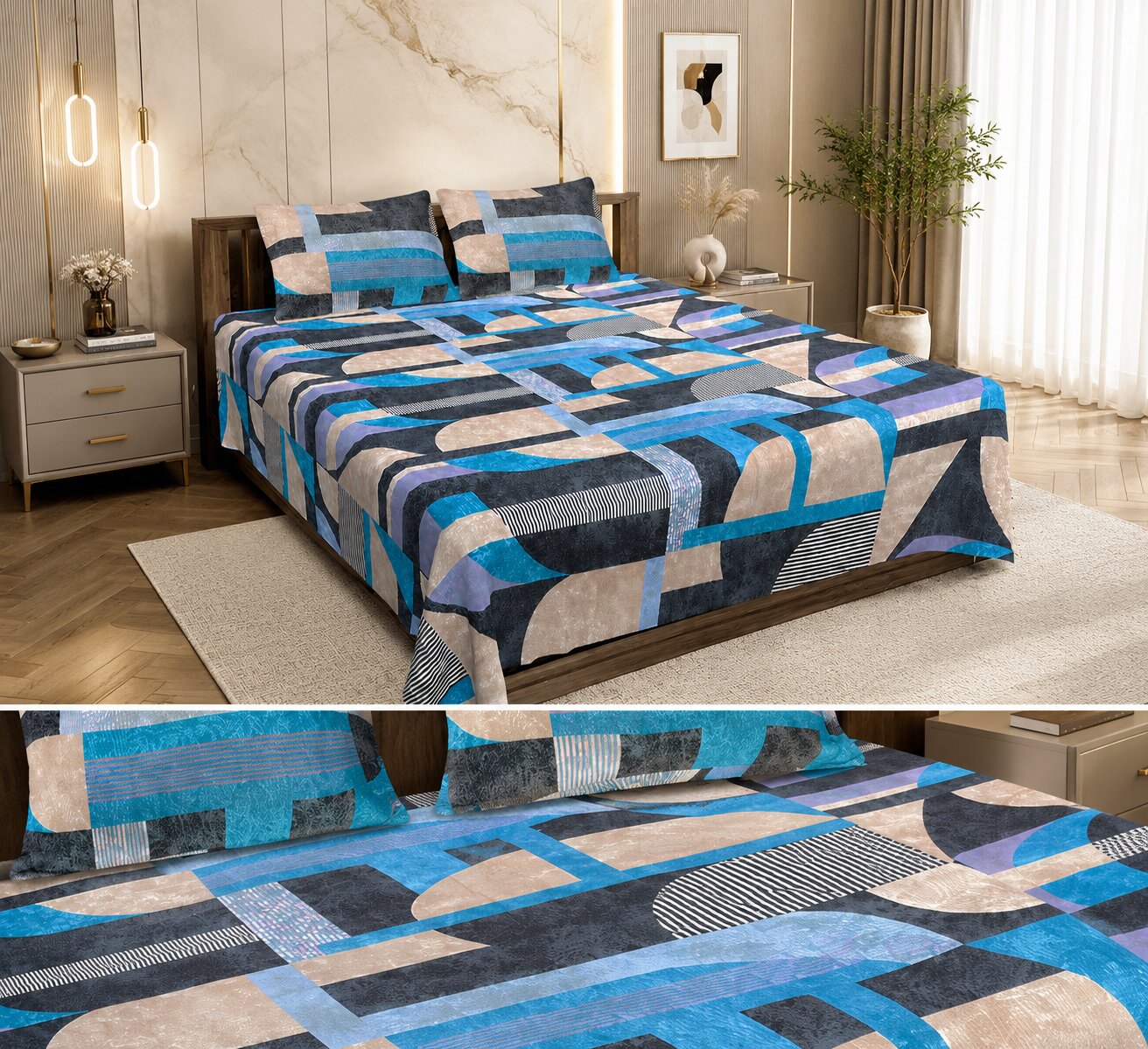 Metropolis Cubist Vision Double Bedsheet | Abstract Geometric Print