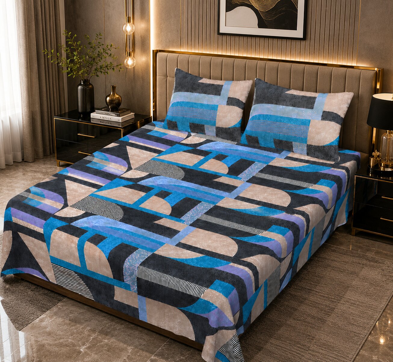 Metropolis Cubist Vision Double Bedsheet | Abstract Geometric Print