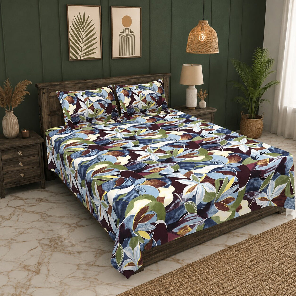 MVB Flora Essence Concept Double Bedsheet Set | 160 TC Poly Cotton | 2 Pillow Covers