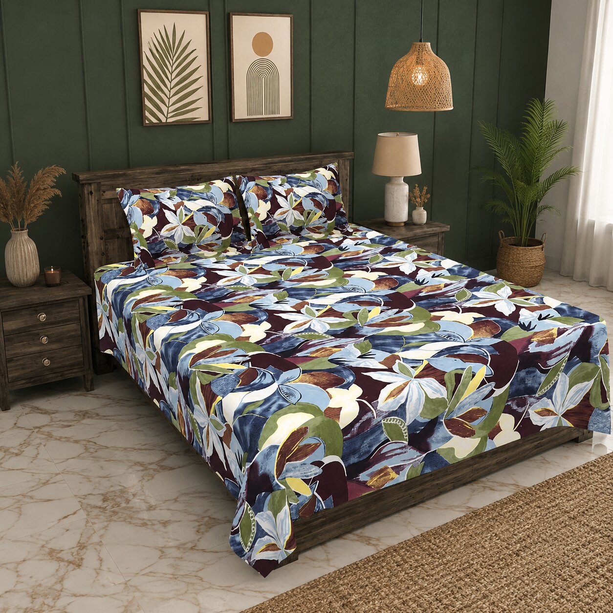 MVB Flora Essence Concept Double Bedsheet Set | 160 TC Poly Cotton | 2 Pillow Covers