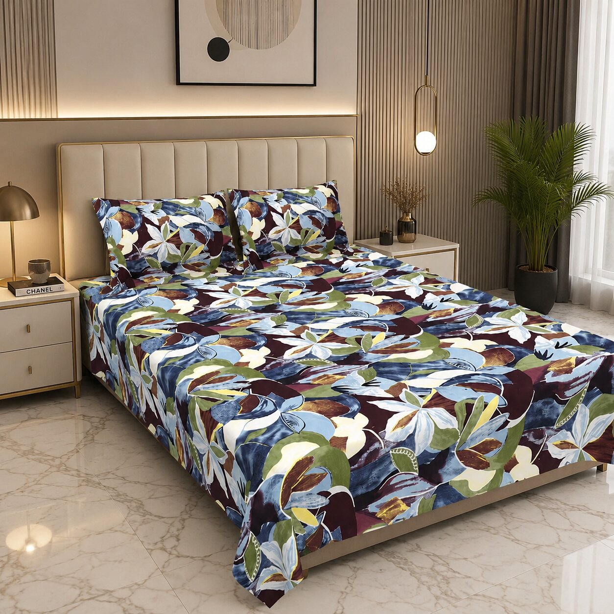 MVB Flora Essence Concept Double Bedsheet Set | 160 TC Poly Cotton | 2 Pillow Covers