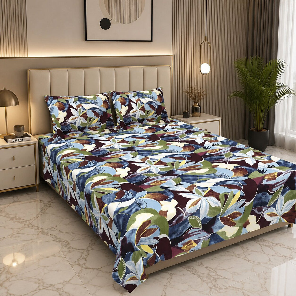 MVB Flora Essence Concept Double Bedsheet Set | 160 TC Poly Cotton | 2 Pillow Covers