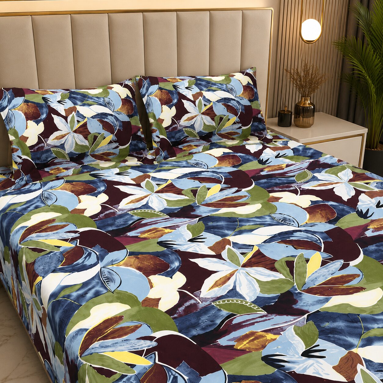 MVB Flora Essence Concept Double Bedsheet Set | 160 TC Poly Cotton | 2 Pillow Covers