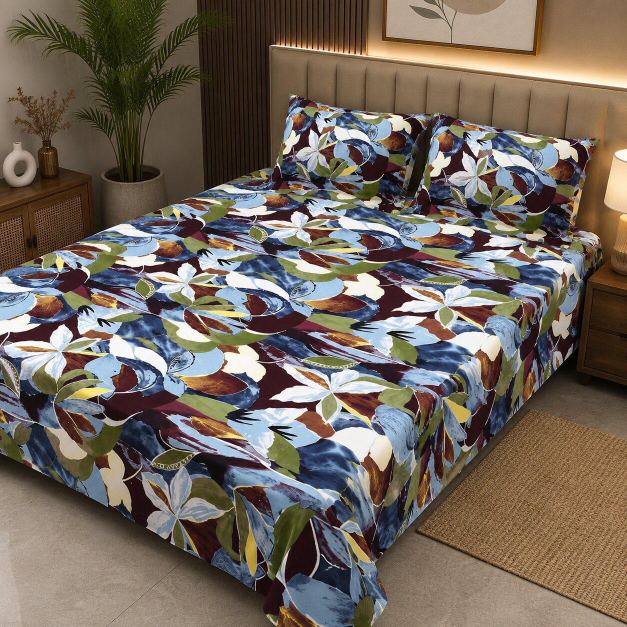 MVB Flora Essence Concept Double Bedsheet Set | 160 TC Poly Cotton | 2 Pillow Covers