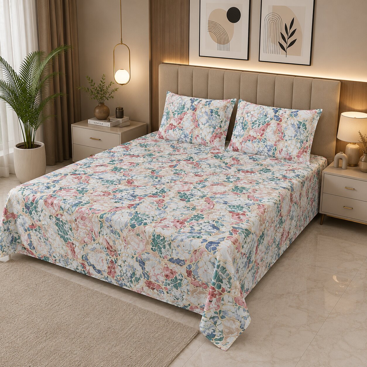 Royal Mosaic Swirl Double Bedsheet | Premium Multicolour Floral Cotton Bedsheet with 2 Pillow Covers