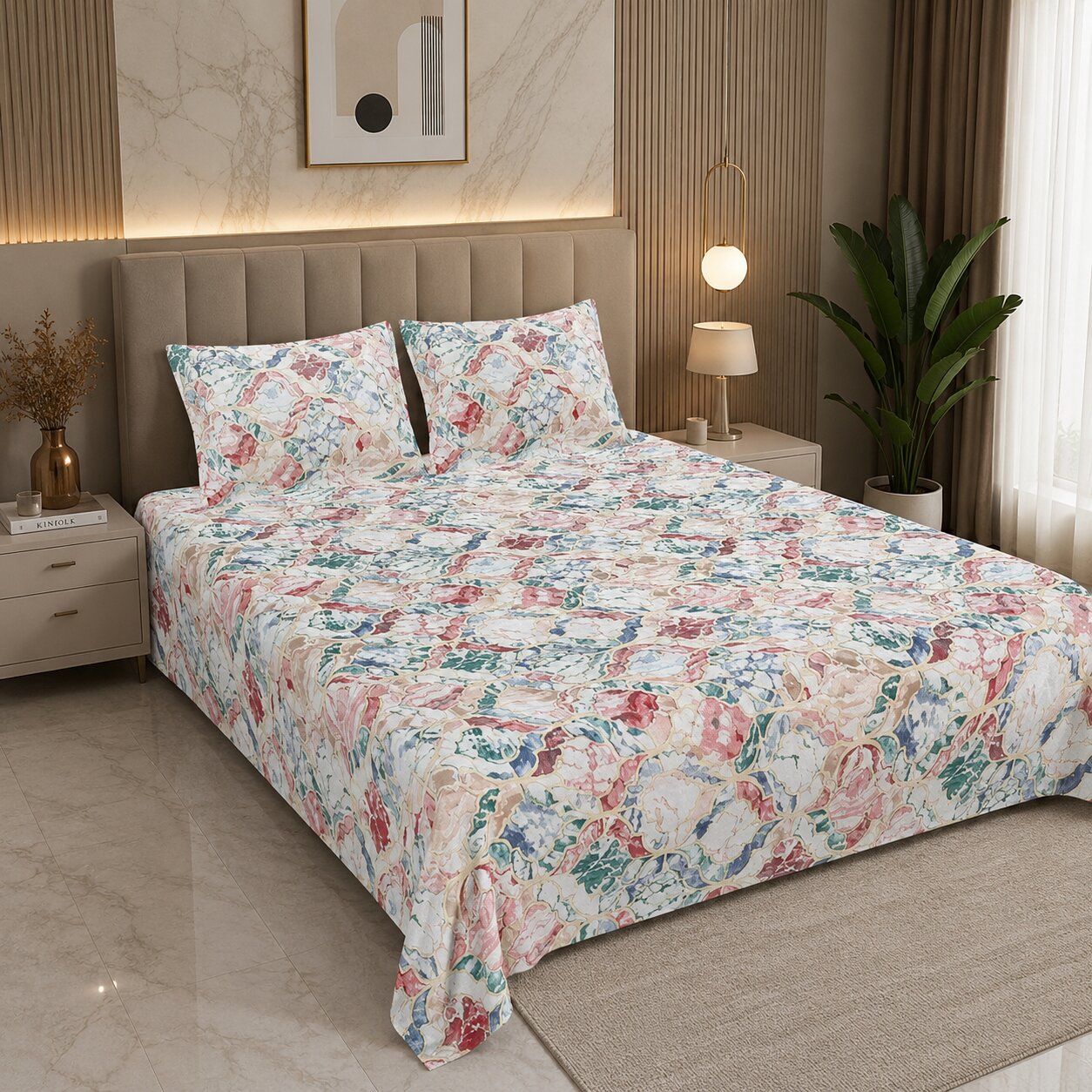 Royal Mosaic Swirl Double Bedsheet | Premium Multicolour Floral Cotton Bedsheet with 2 Pillow Covers