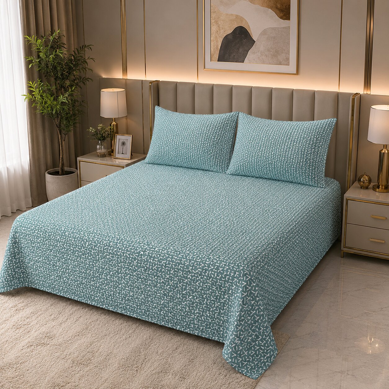 Aqua Serenity Leaf Double Bedsheet | 160 TC Poly Cotton | 2 Pillow Covers