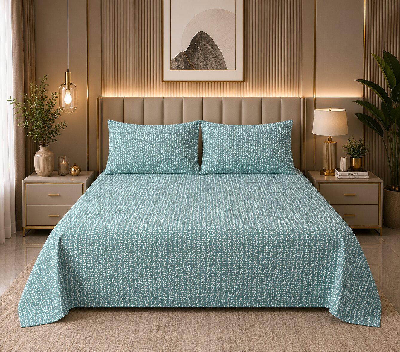 Aqua Serenity Leaf Double Bedsheet | 160 TC Poly Cotton | 2 Pillow Covers