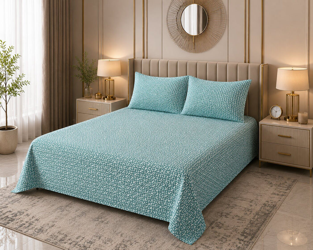 Aqua Serenity Leaf Double Bedsheet | 160 TC Poly Cotton | 2 Pillow Covers