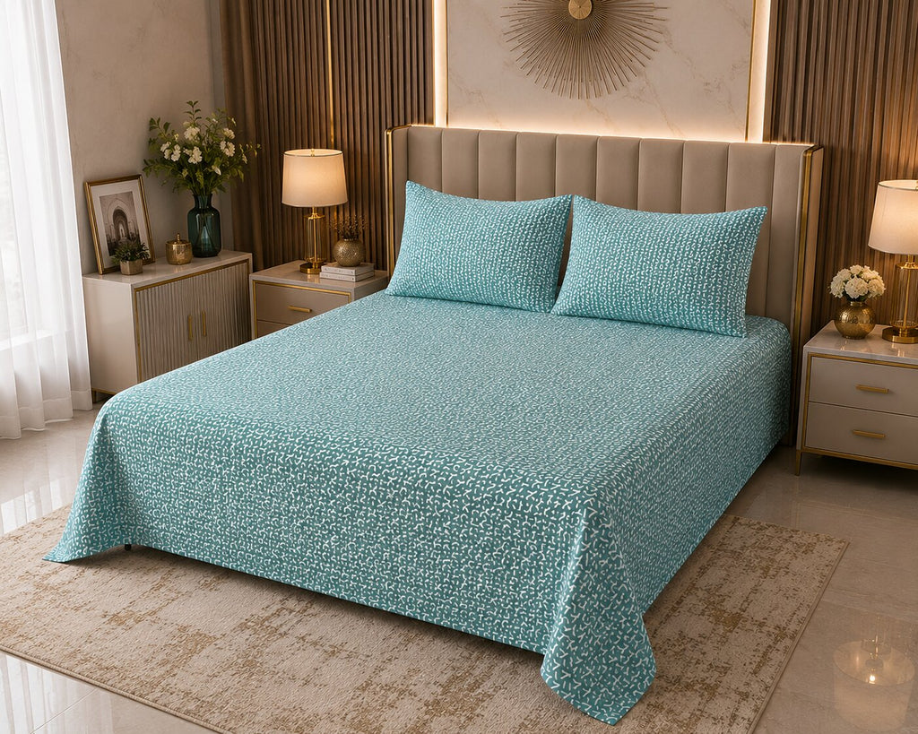 Aqua Serenity Leaf Double Bedsheet | 160 TC Poly Cotton | 2 Pillow Covers