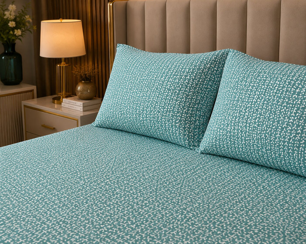 Aqua Serenity Leaf Double Bedsheet | 160 TC Poly Cotton | 2 Pillow Covers