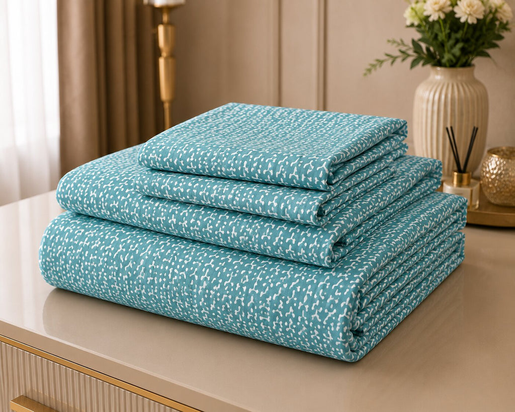 Aqua Serenity Leaf Double Bedsheet | 160 TC Poly Cotton | 2 Pillow Covers