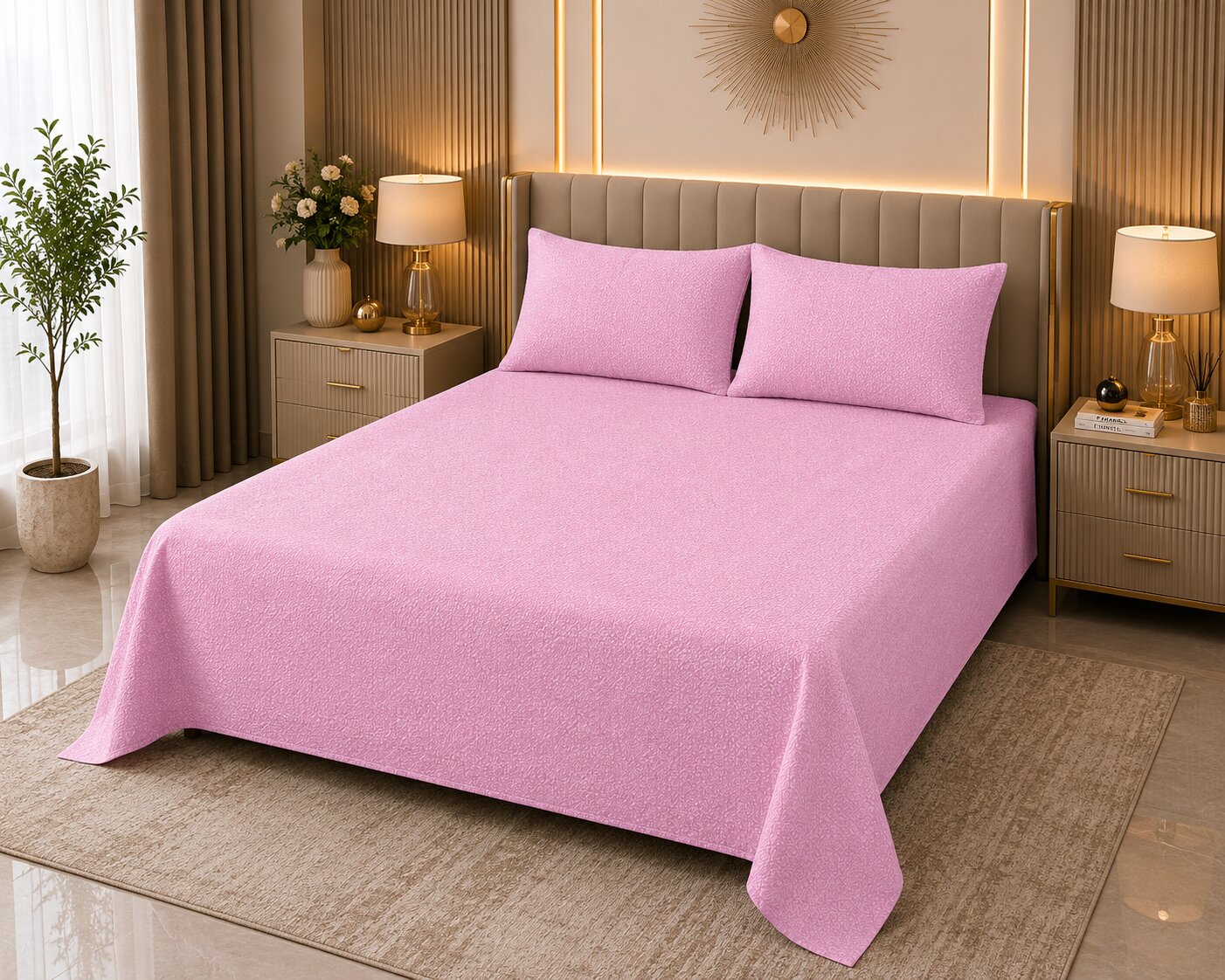 Blush Pink Floral Texture Double Bedsheet | Soft Solid Tone Design