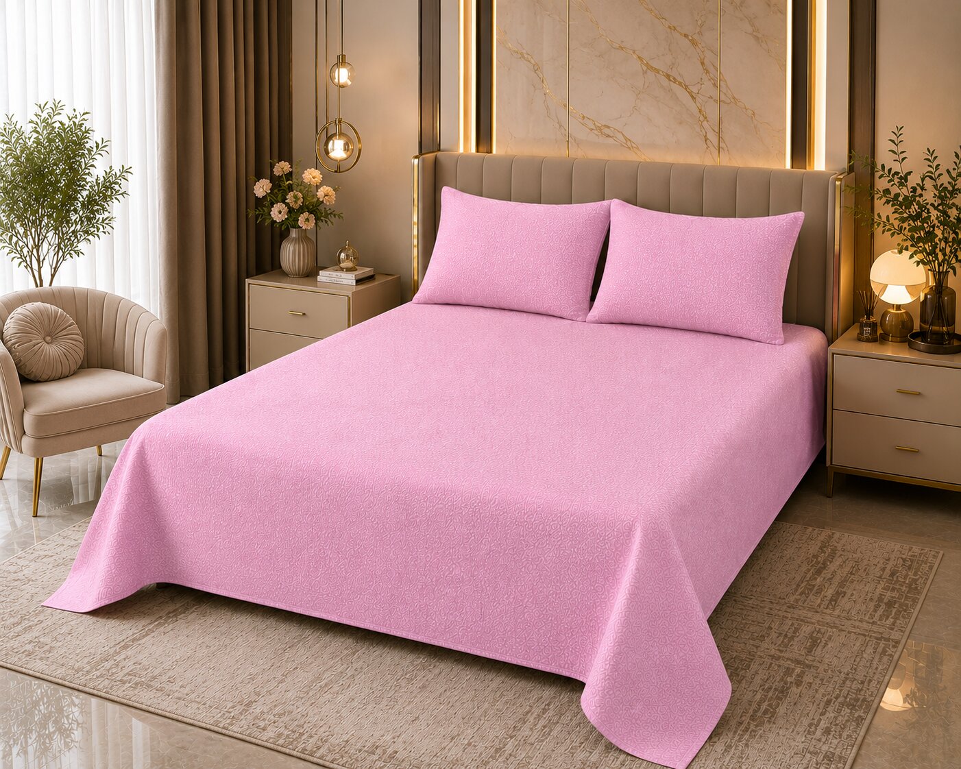Blush Pink Floral Texture Double Bedsheet | Soft Solid Tone Design