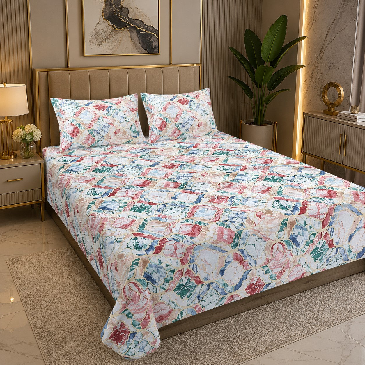 Royal Mosaic Swirl Double Bedsheet | Premium Multicolour Floral Cotton Bedsheet with 2 Pillow Covers