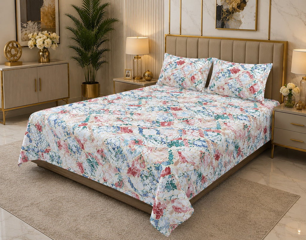 Royal Mosaic Swirl Double Bedsheet | Premium Multicolour Floral Cotton Bedsheet with 2 Pillow Covers