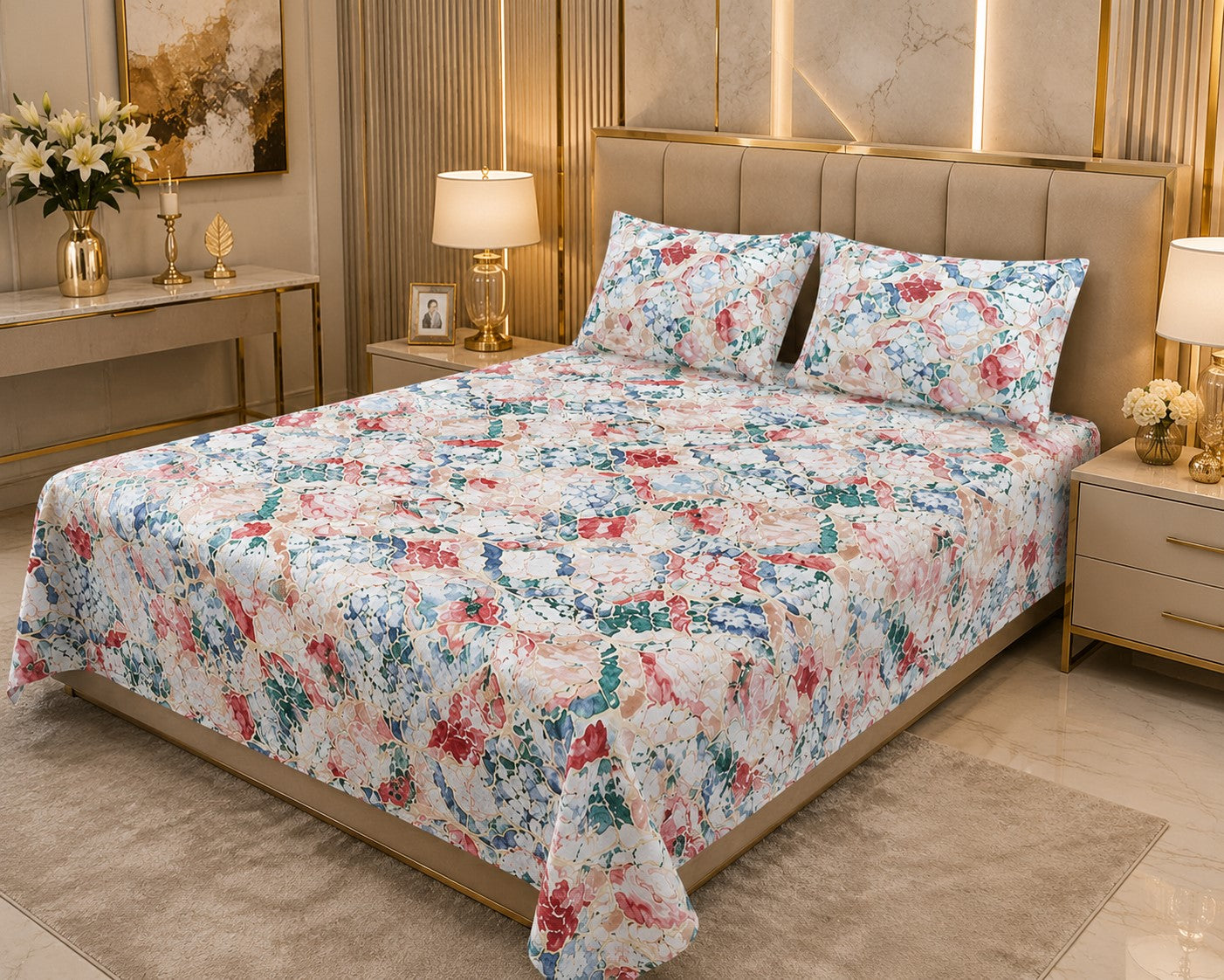 Royal Mosaic Swirl Double Bedsheet | Premium Multicolour Floral Cotton Bedsheet with 2 Pillow Covers