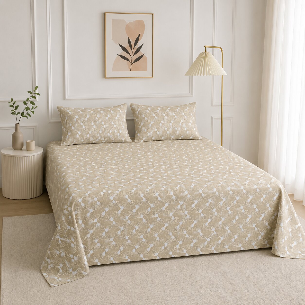 Ivory Fan Leaf Symmetry Double Bedsheet | Elegant Beige Botanical Print