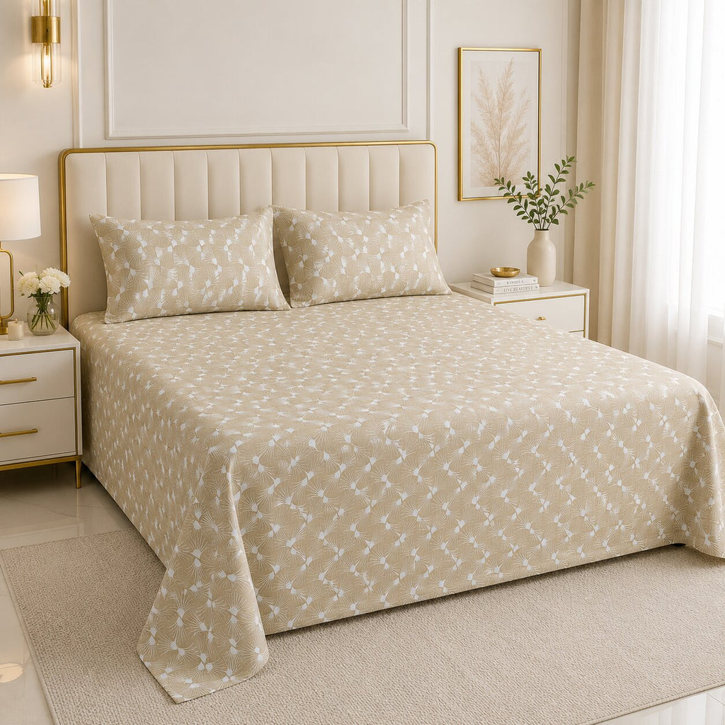 Ivory Fan Leaf Symmetry Double Bedsheet | Elegant Beige Botanical Print