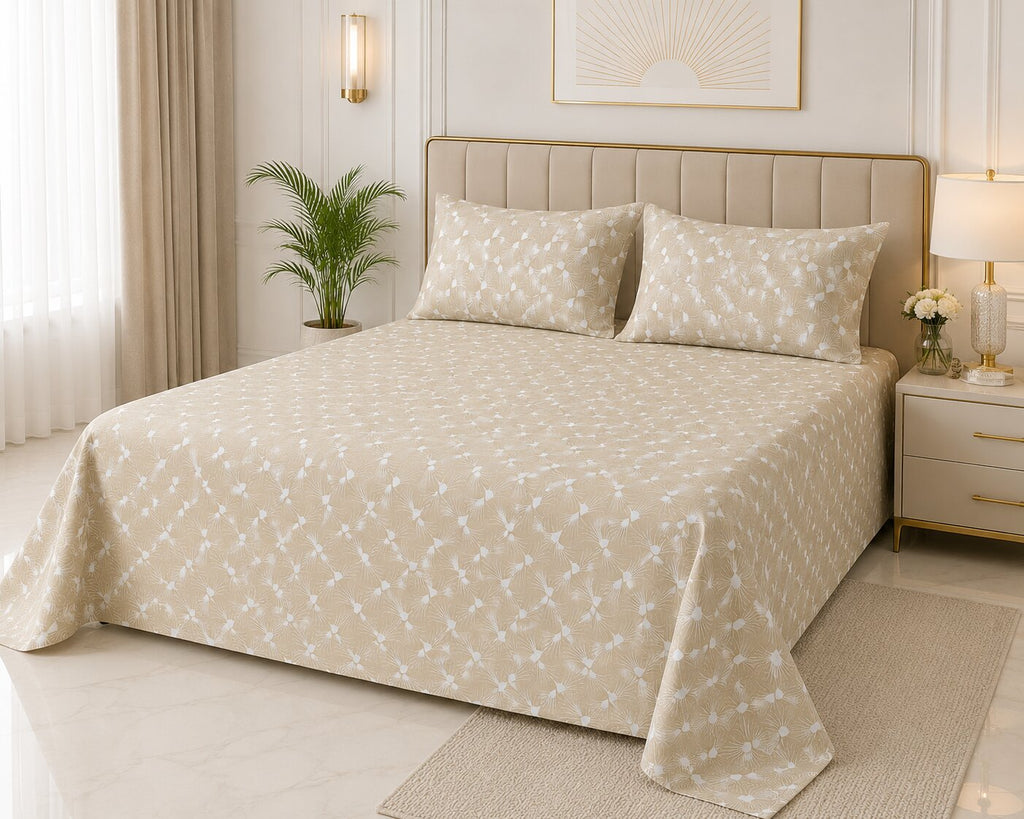 Ivory Fan Leaf Symmetry Double Bedsheet | Elegant Beige Botanical Print