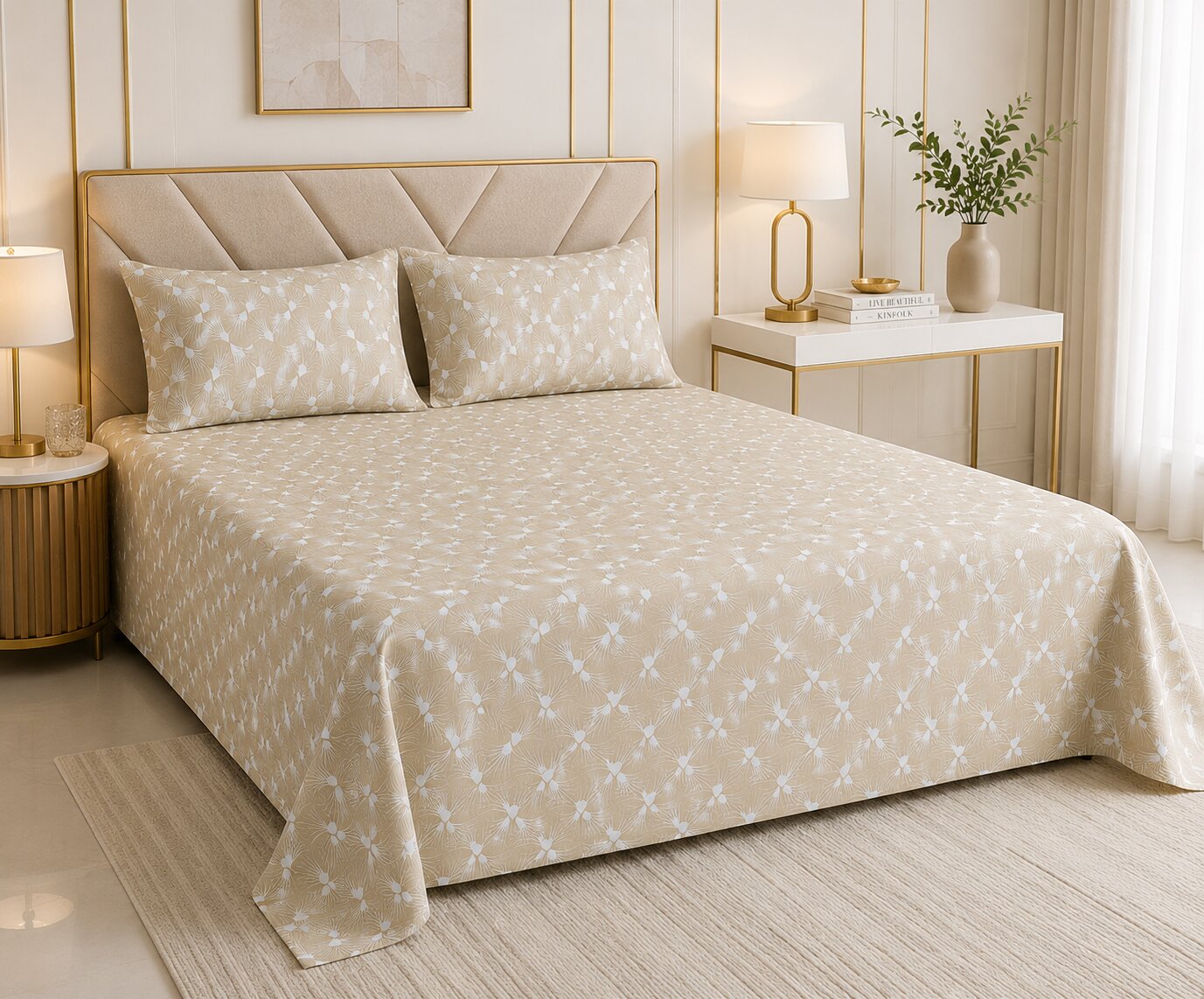 Ivory Fan Leaf Symmetry Double Bedsheet | Elegant Beige Botanical Print