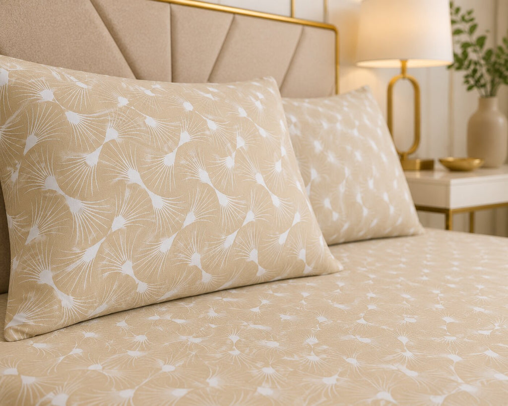 Ivory Fan Leaf Symmetry Double Bedsheet | Elegant Beige Botanical Print