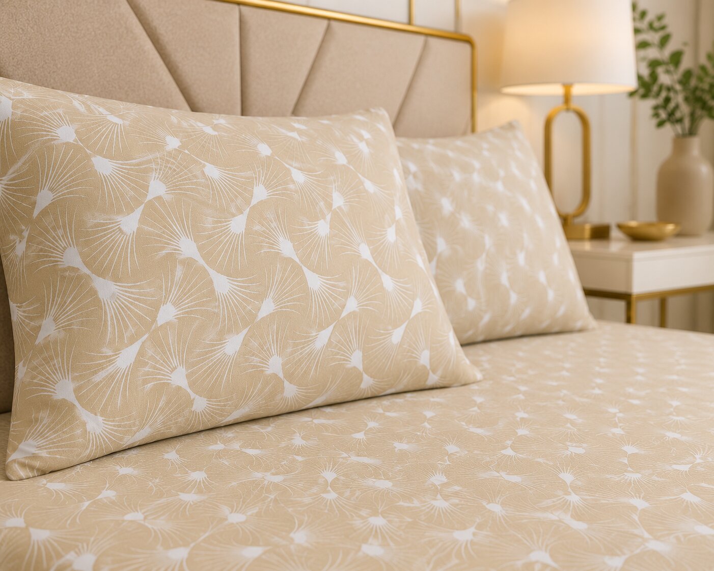 Ivory Fan Leaf Symmetry Double Bedsheet | Elegant Beige Botanical Print