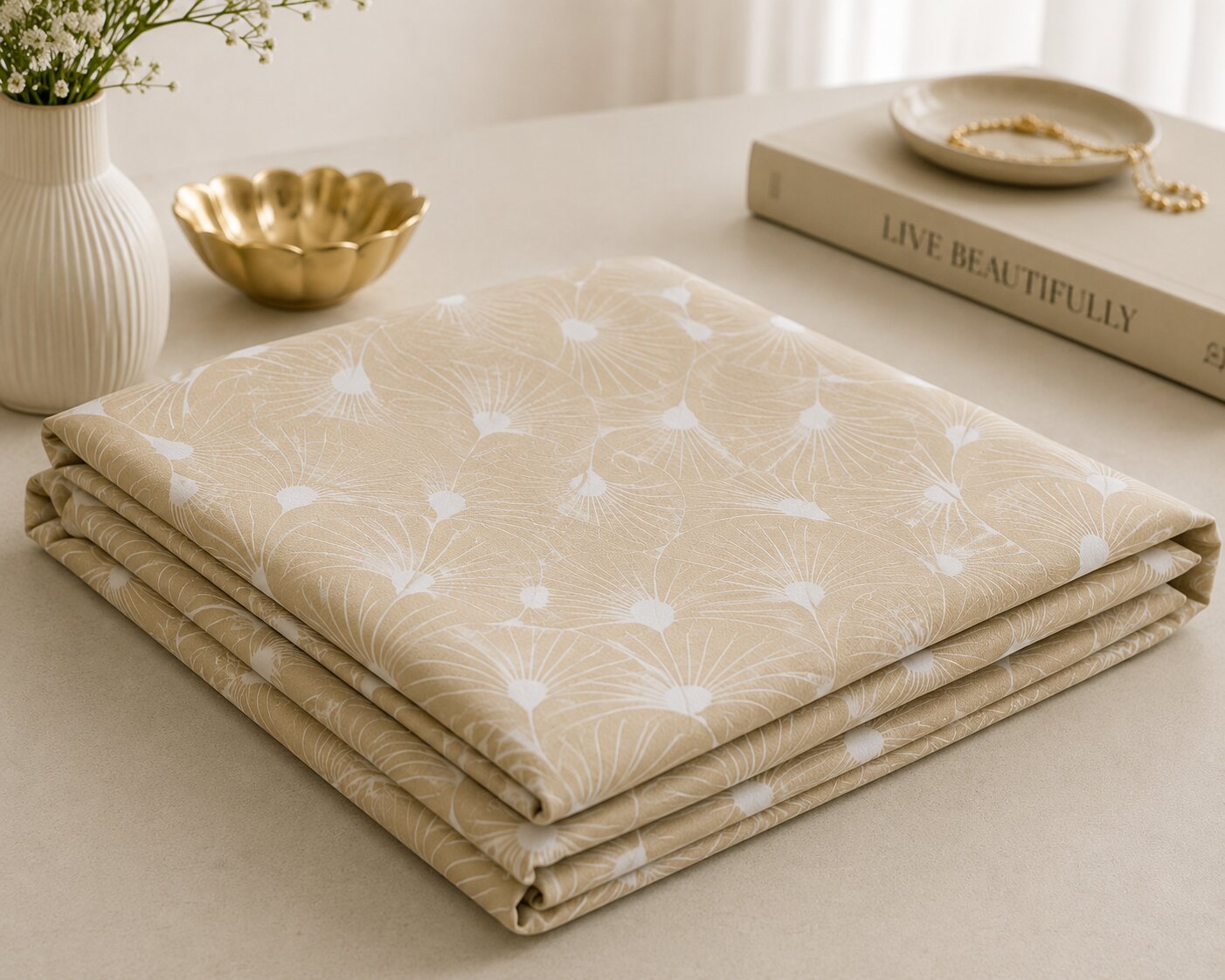 Ivory Fan Leaf Symmetry Double Bedsheet | Elegant Beige Botanical Print
