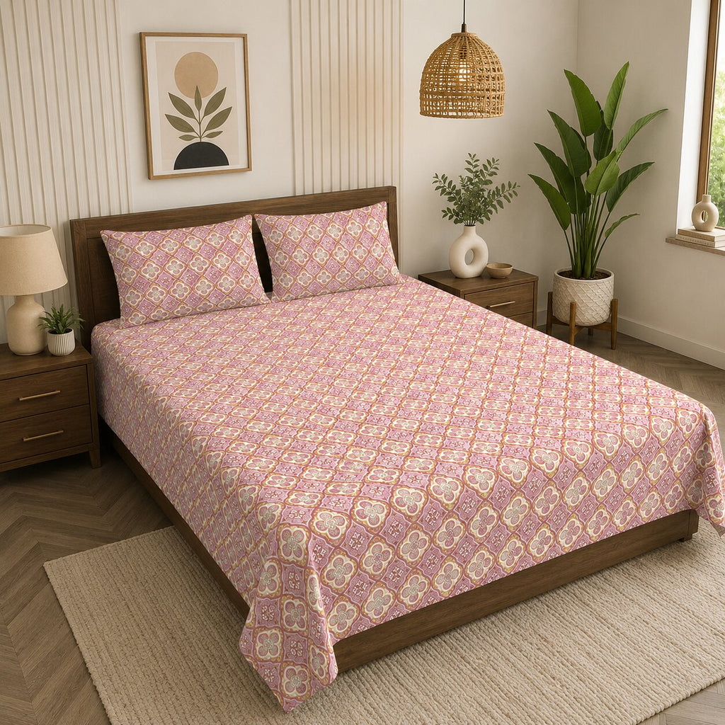 Mauve Floral Arch Ornament Double Bedsheet | Ethnic Tile Print