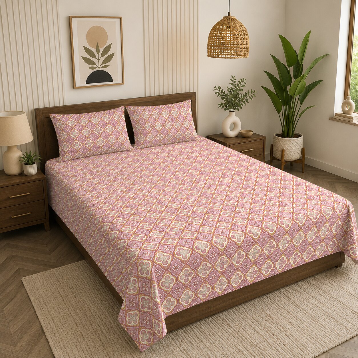 Mauve Floral Arch Ornament Double Bedsheet | Ethnic Tile Print