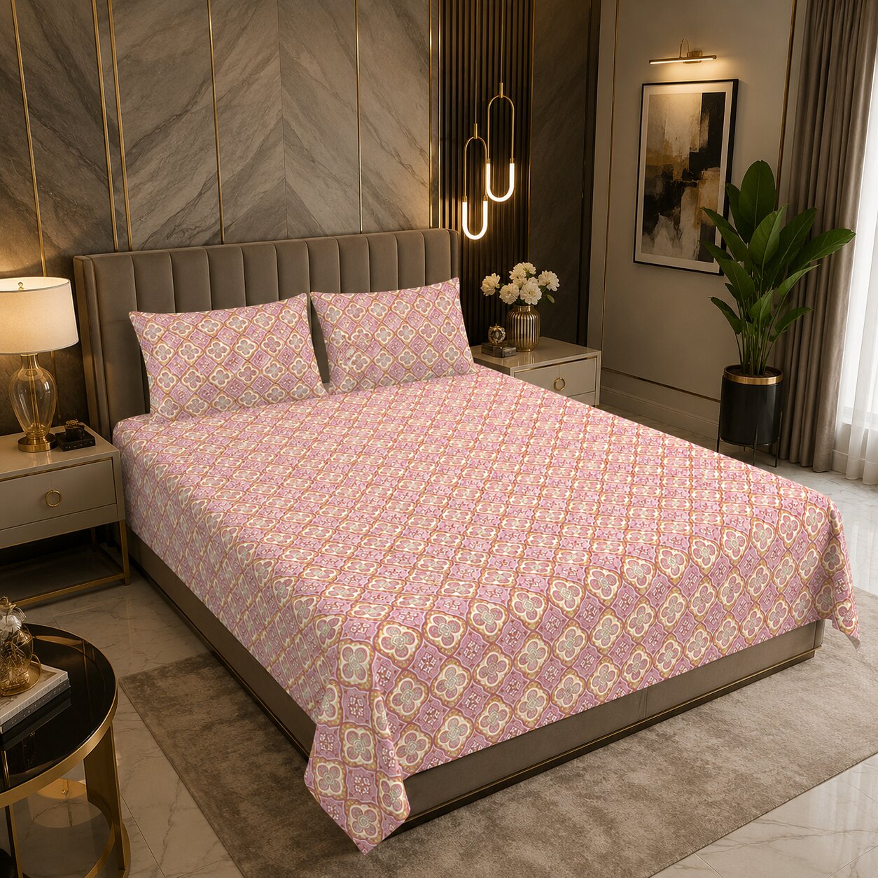 Mauve Floral Arch Ornament Double Bedsheet | Ethnic Tile Print