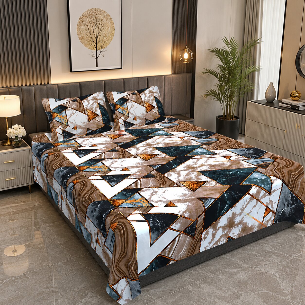 Terracotta Tectonic Flow Double Bedsheet | Marble Geometric Print