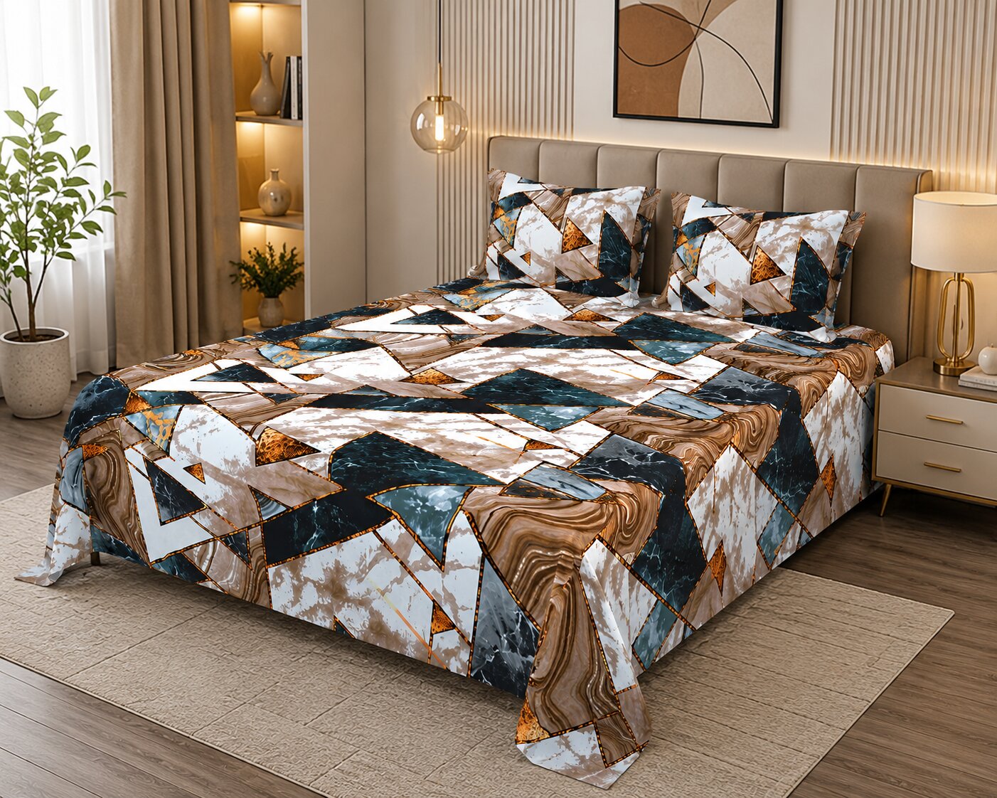 Terracotta Tectonic Flow Double Bedsheet | Marble Geometric Print
