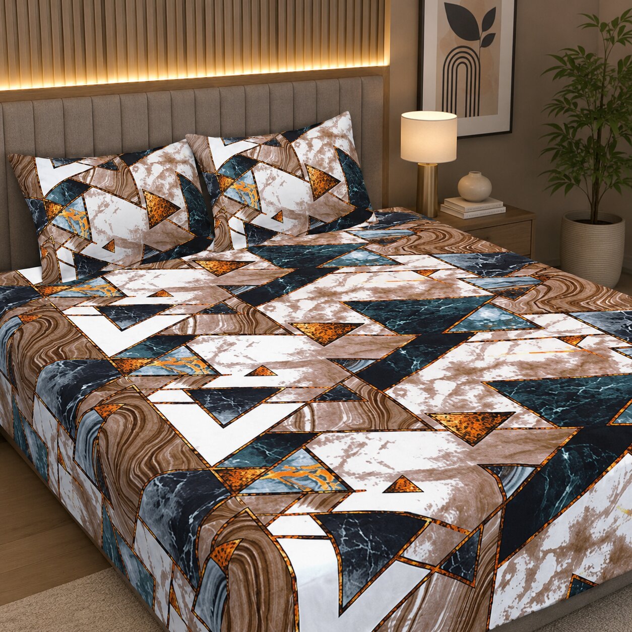 Terracotta Tectonic Flow Double Bedsheet | Marble Geometric Print