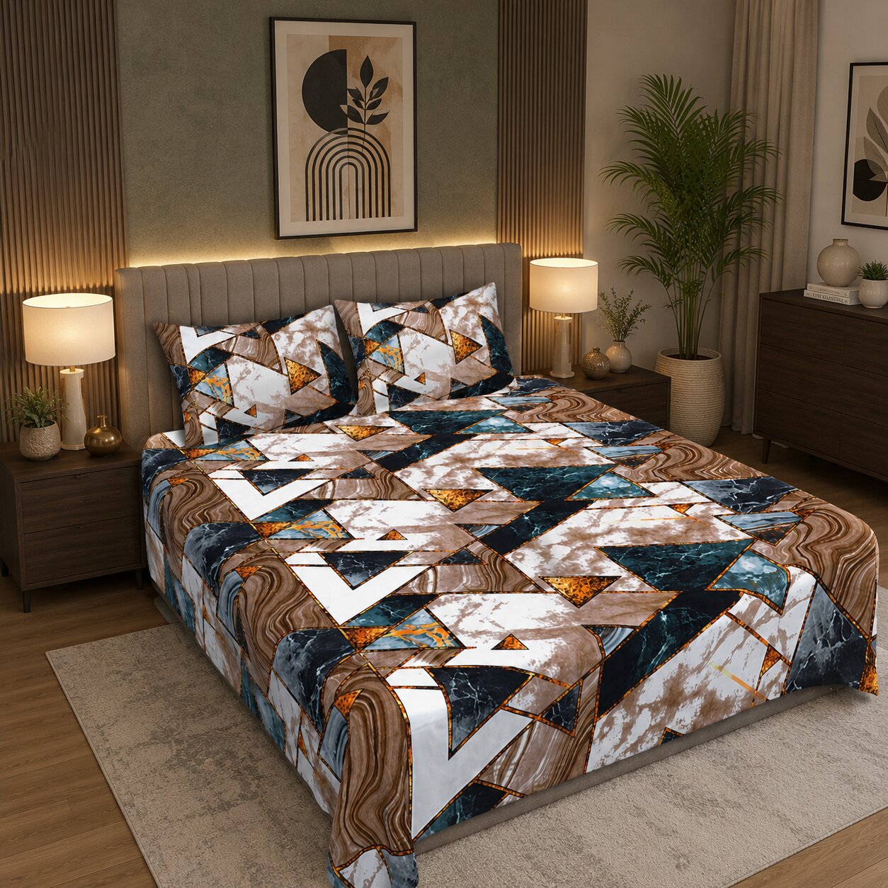 Terracotta Tectonic Flow Double Bedsheet | Marble Geometric Print